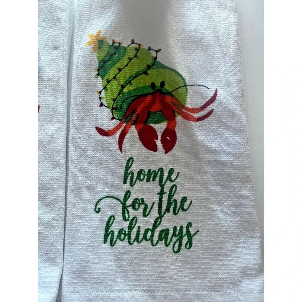 Christmas Kitchen Dish Towels Beach Hermit Crab White Cotton Beach Set Of 2